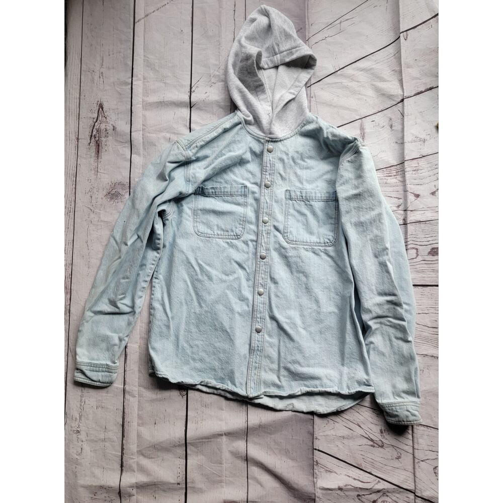 Forever 21 Mens Denim Snap Button Jacket L Sweatshirt Hooded Light Wash Casual
